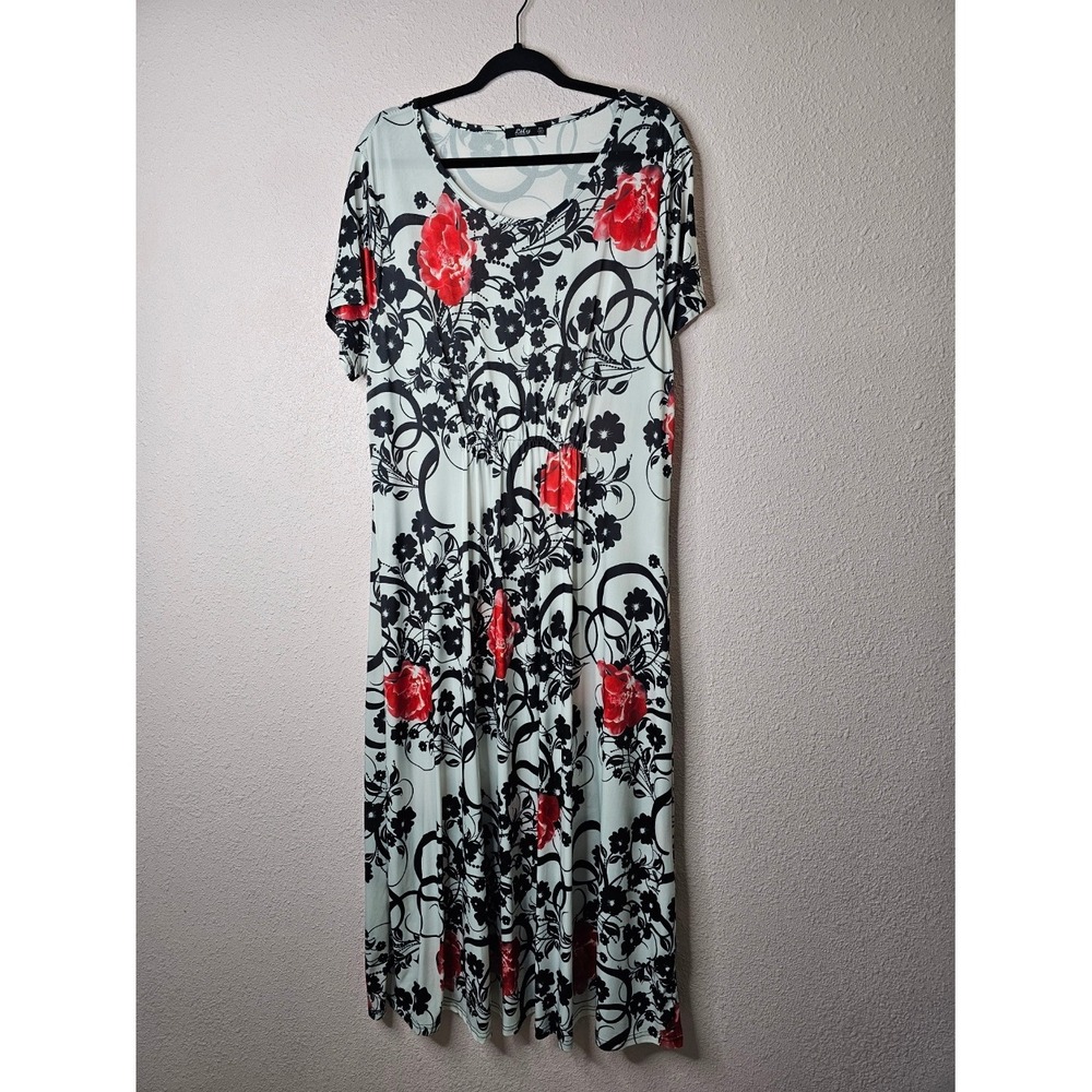 Lily by Firmiana Women Plus 1XL Maxi Dress Floral Red Rose Short Sleeve Sheer